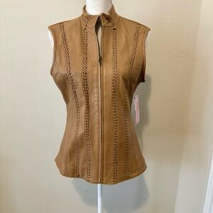 Peck & Peck Genuine Leather Brown Vest Boho Zip Front Long Cognac Tan Medium